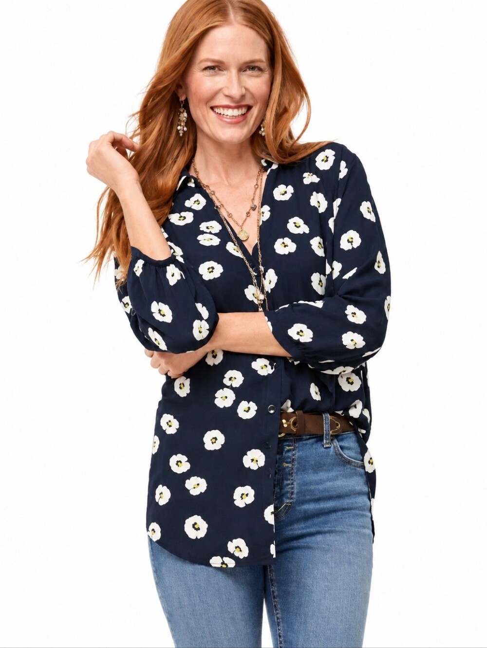 cabi Go To Floral Button Up Blouse Women Navy Daisy Collared Relaxed Fit Size XS